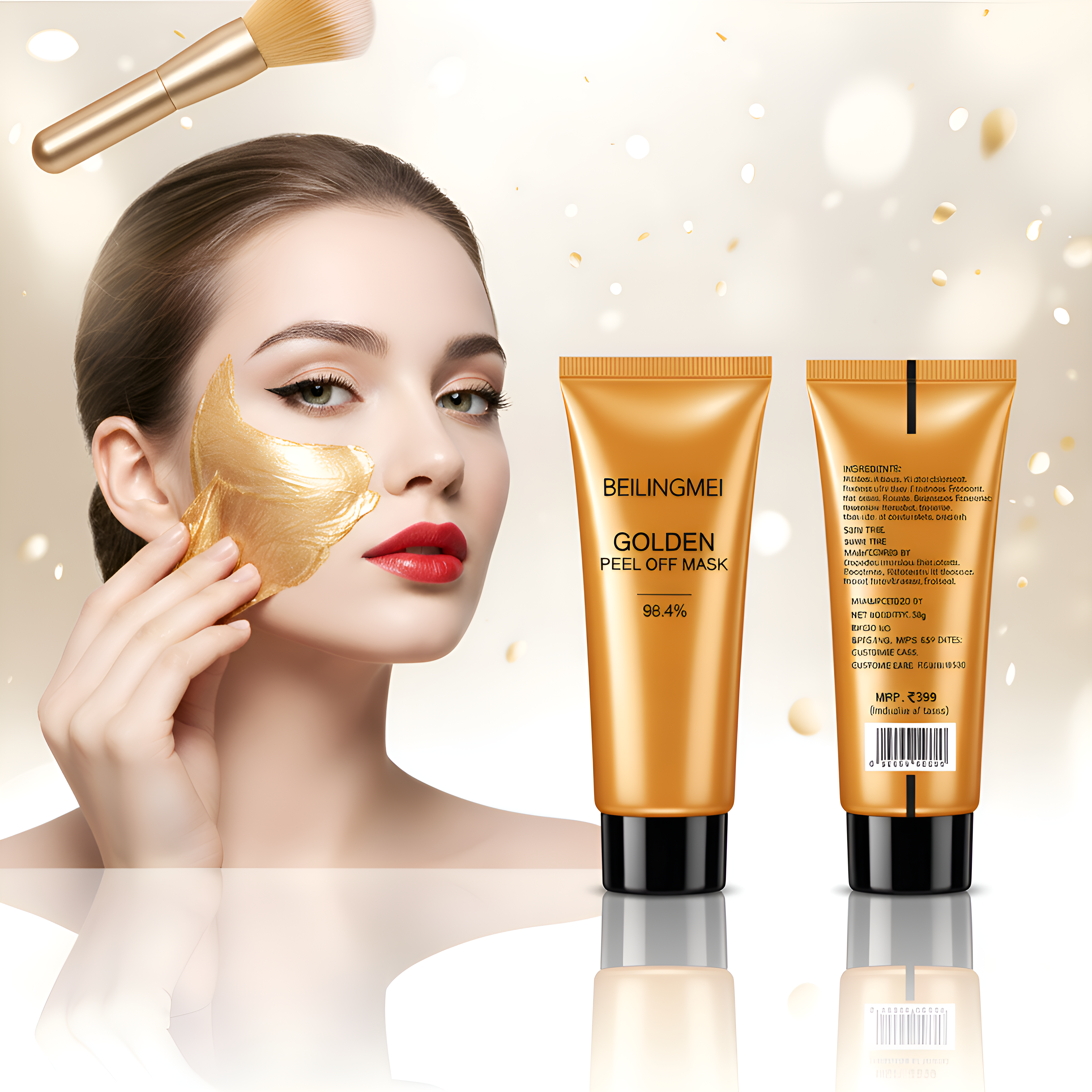 Woman applying a gold peel-off mask with two gold tubes labeled 'BEILINGMEI GOLDEN PEEL OFF MASK' on a sparkling background.