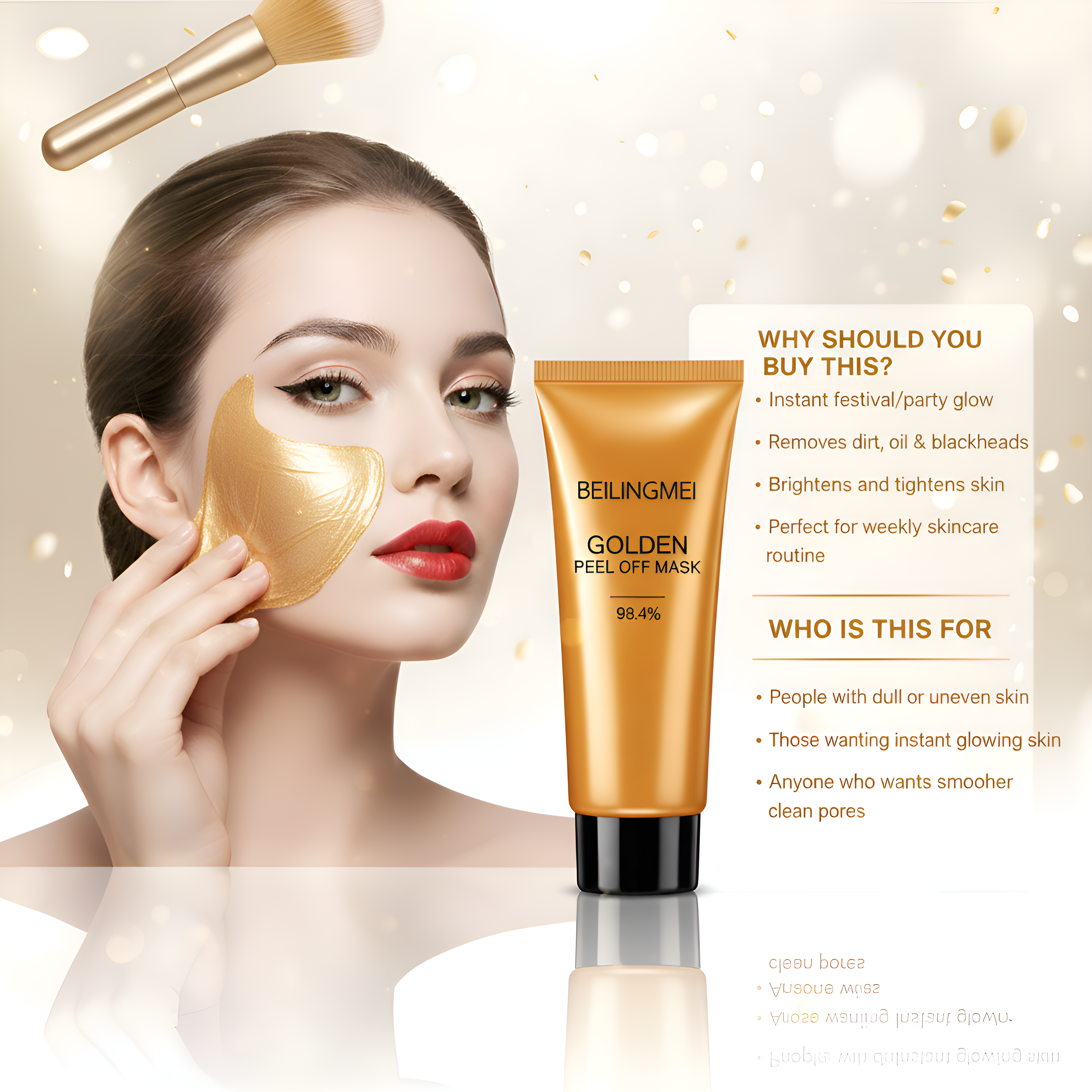 Woman applying a gold peel-off mask with BEILINGMEI product on a white background