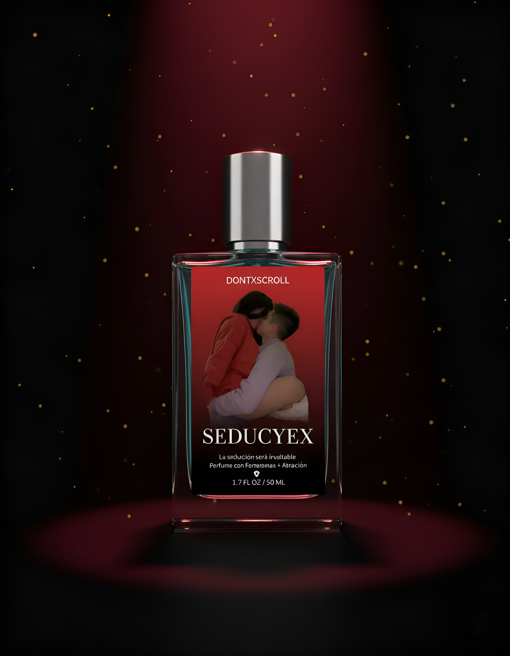 Perfume bottle labeled 'Seducyex' with a red and black design on a dark background.