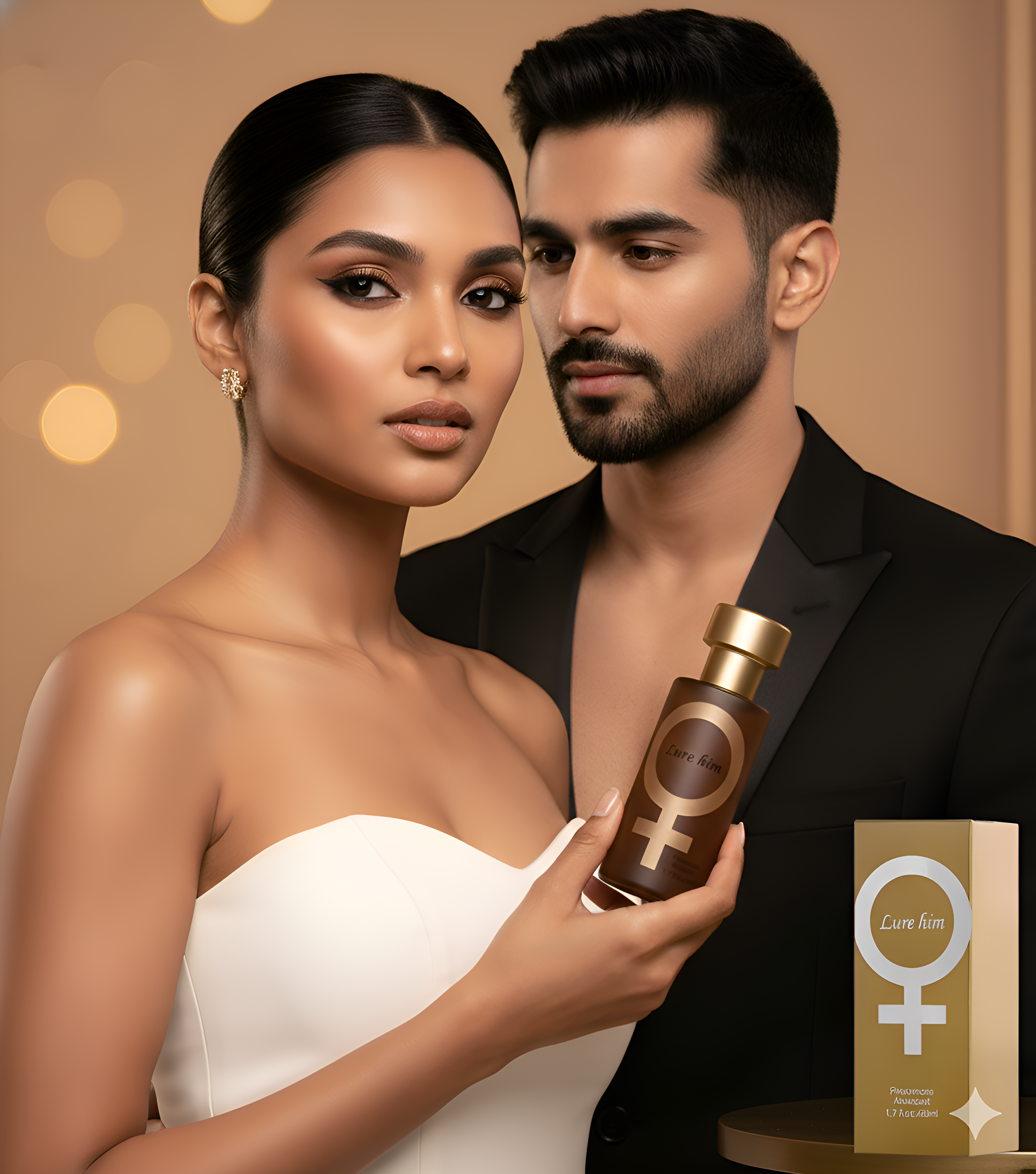 Man and woman holding a bottle of perfume with a box in the background