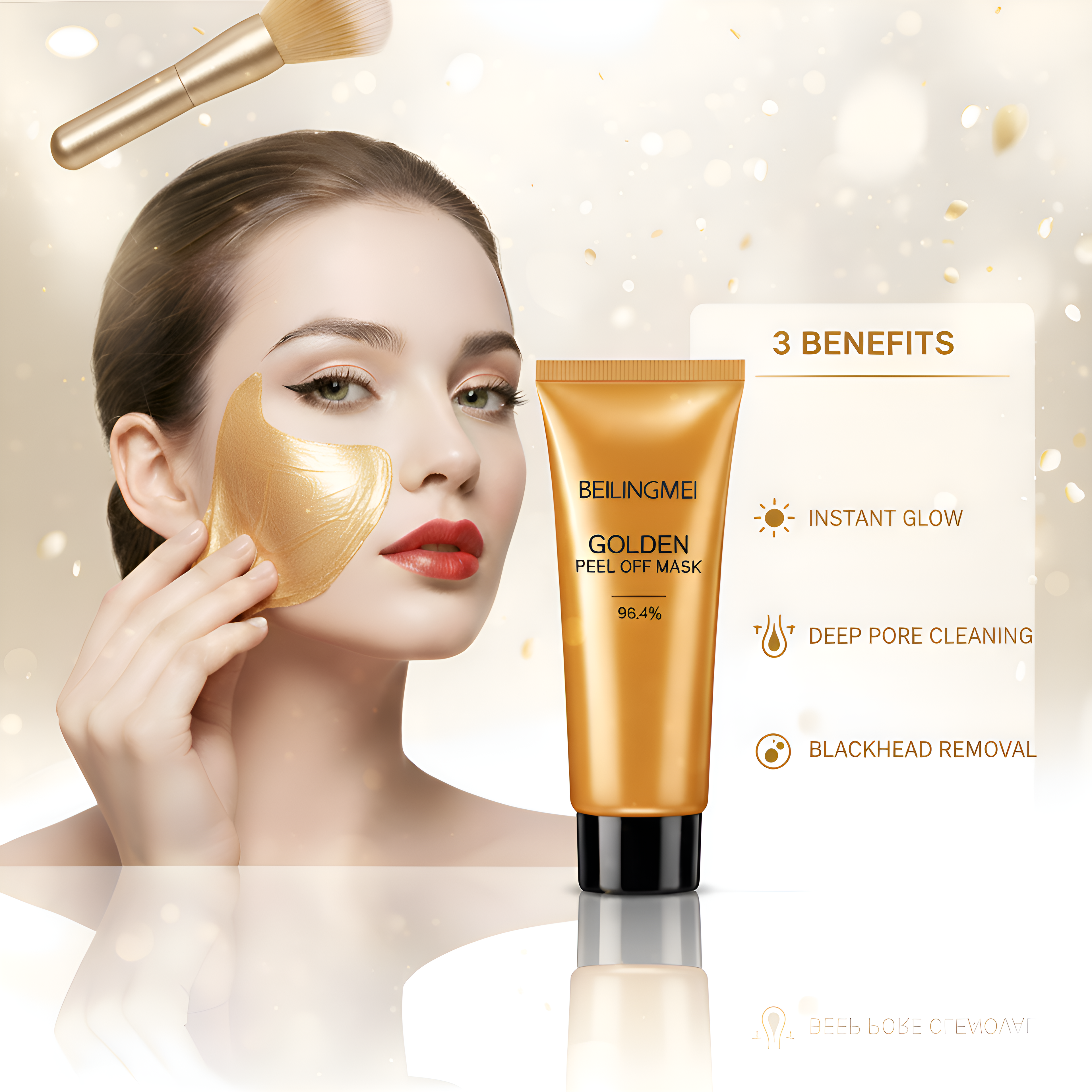 Woman applying a gold peel-off mask with a tube of BEILINGMEI Golden Peel Off Mask on a sparkling background.