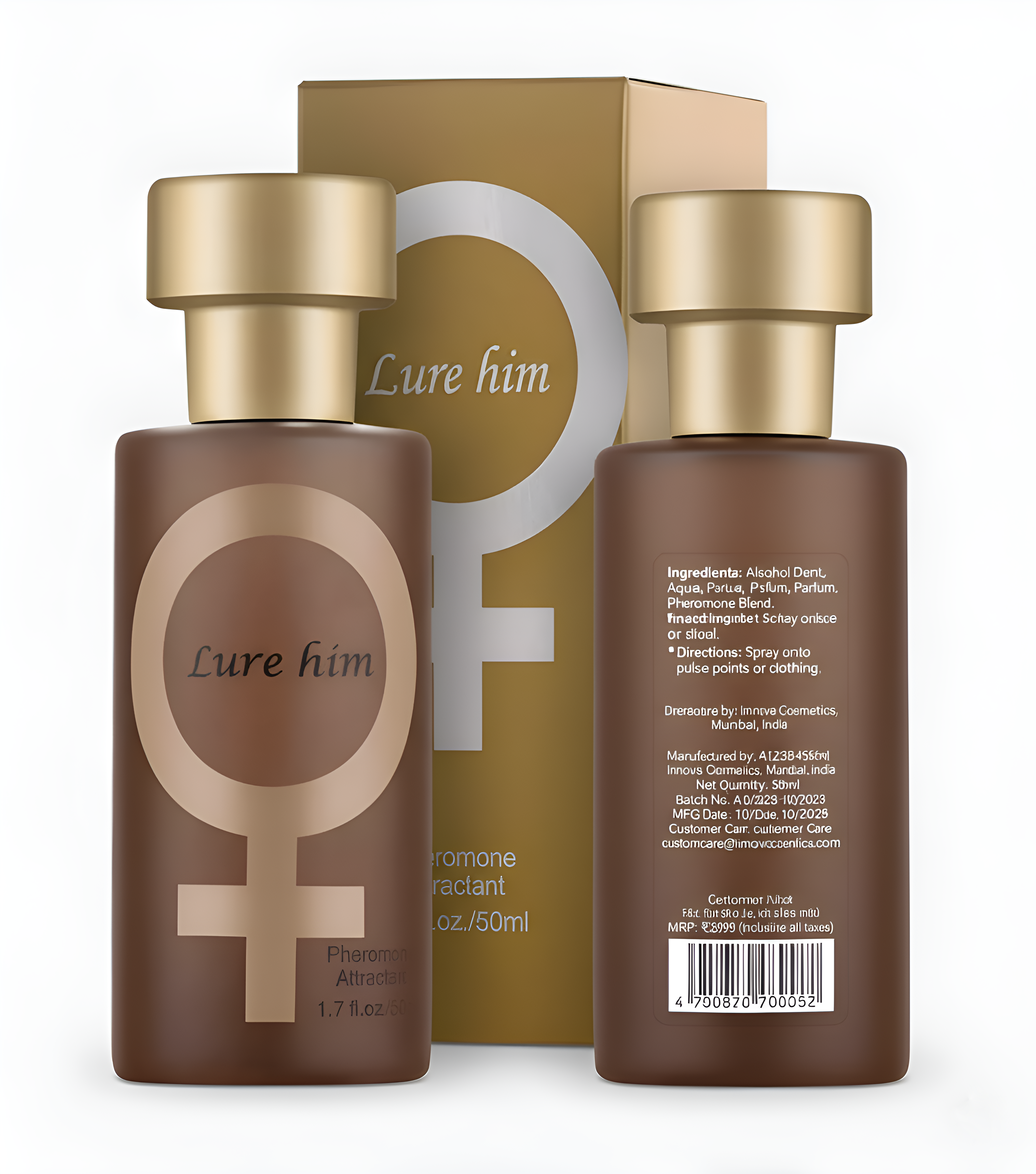 Two bottles of 'Lure Him' perfume with a box in the background on a white background