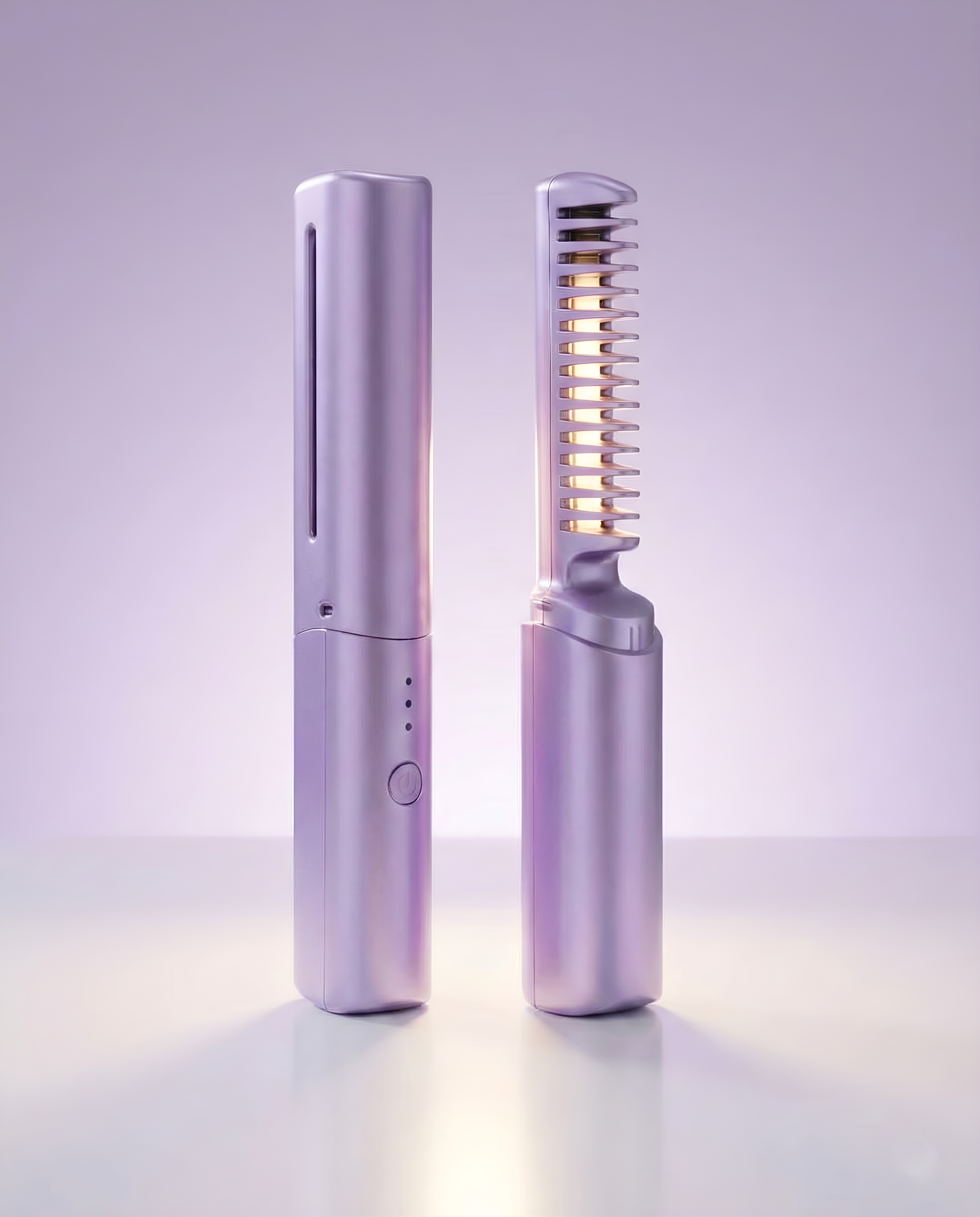 Purple hair straightener with comb on a light gray background