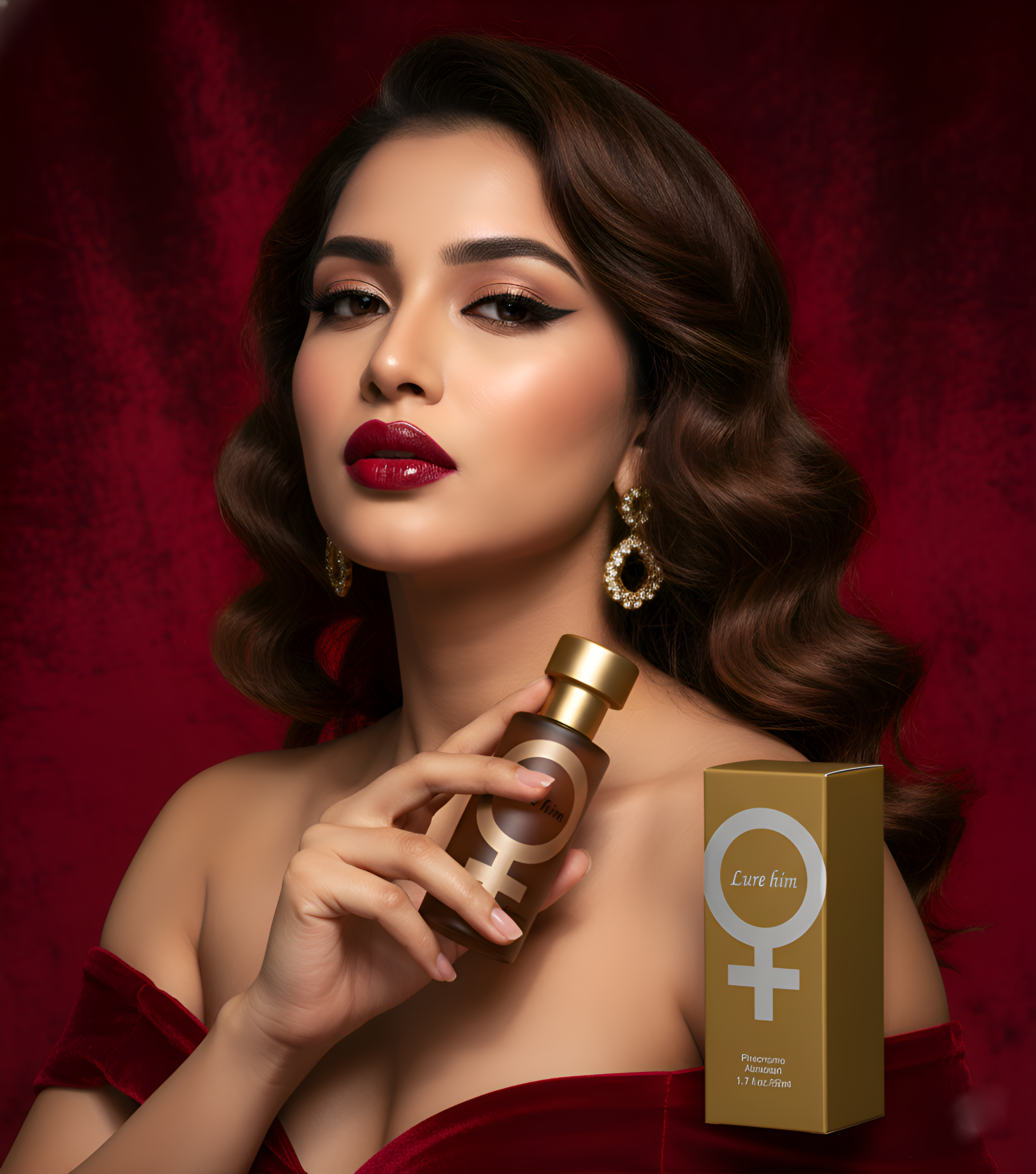 Woman holding a perfume bottle with a red background